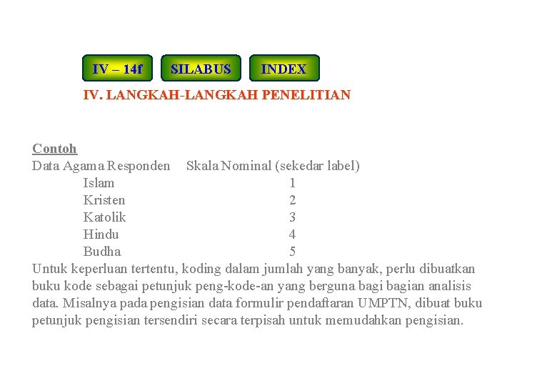 IV – 14 f SILABUS INDEX IV. LANGKAH-LANGKAH PENELITIAN Contoh Data Agama Responden Skala