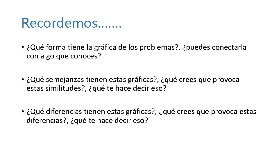 Recordemos……. • ¿Qué forma tiene la gráfica de los problemas? , ¿puedes conectarla con