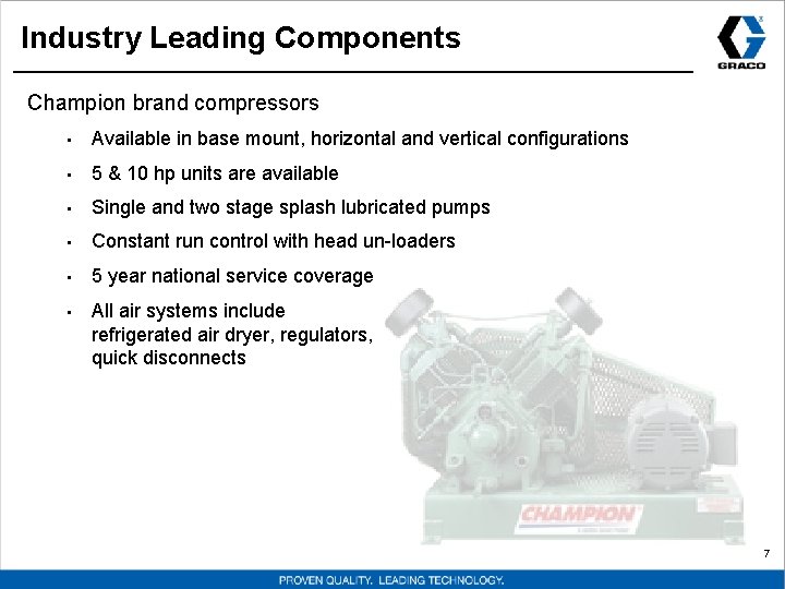 Industry Leading Components Champion brand compressors • Available in base mount, horizontal and vertical Industry Leading Components Champion brand compressors • Available in base mount, horizontal and vertical