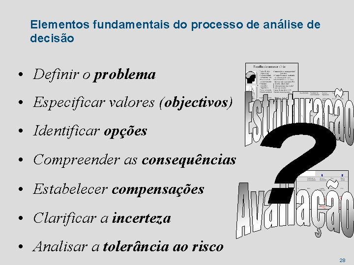 Elementos fundamentais do processo de análise de decisão • Definir o problema • Especificar