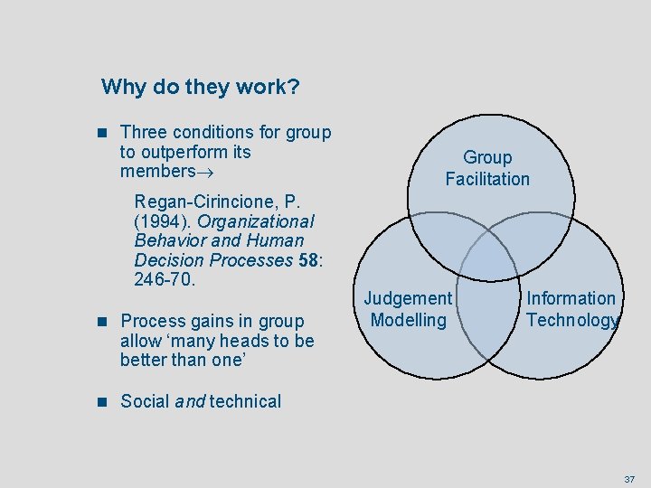 Why do they work? n Three conditions for group to outperform its members Regan-Cirincione,