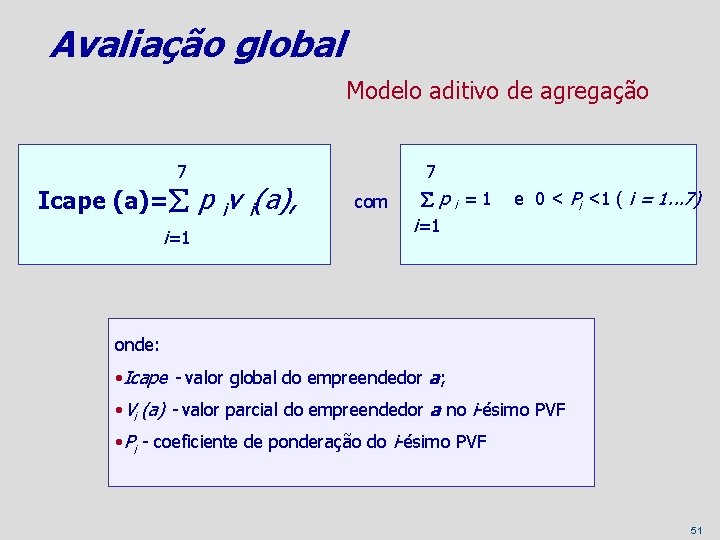 Avaliação global Modelo aditivo de agregação 7 Icape (a)= p iv i(a), i=1 7