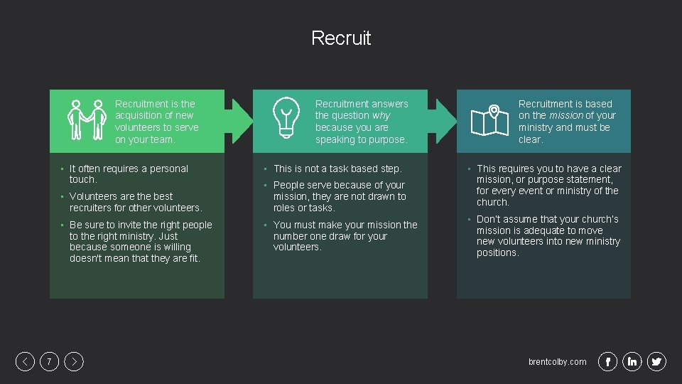 Recruitment is the acquisition of new volunteers to serve on your team. • It