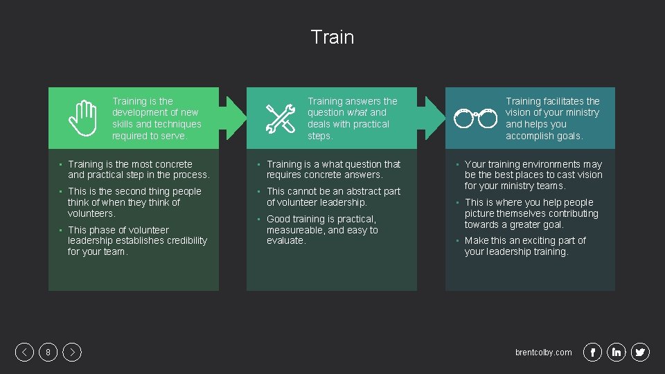 Training is the development of new skills and techniques required to serve. • Training