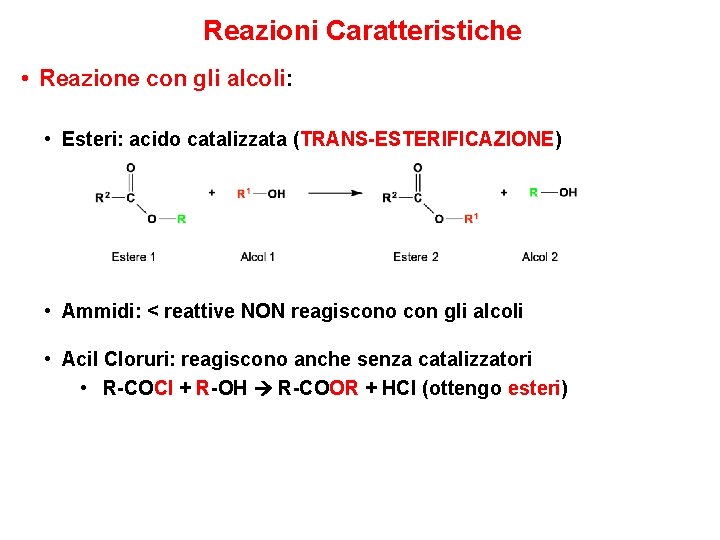 Reazioni Caratteristiche • Reazione con gli alcoli: • Esteri: acido catalizzata (TRANS-ESTERIFICAZIONE) • Ammidi: