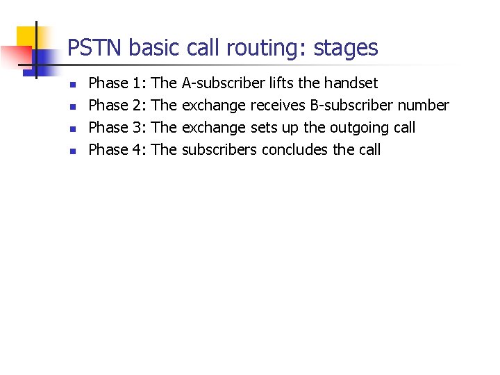 PSTN basic call routing: stages n n Phase 1: 2: 3: 4: The The
