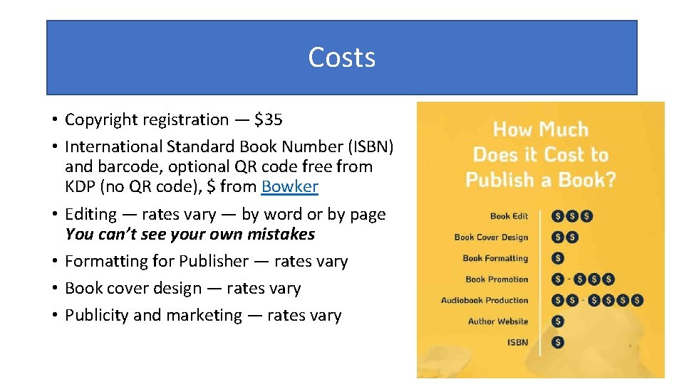 Costs • Copyright registration — $35 • International Standard Book Number (ISBN) and barcode,