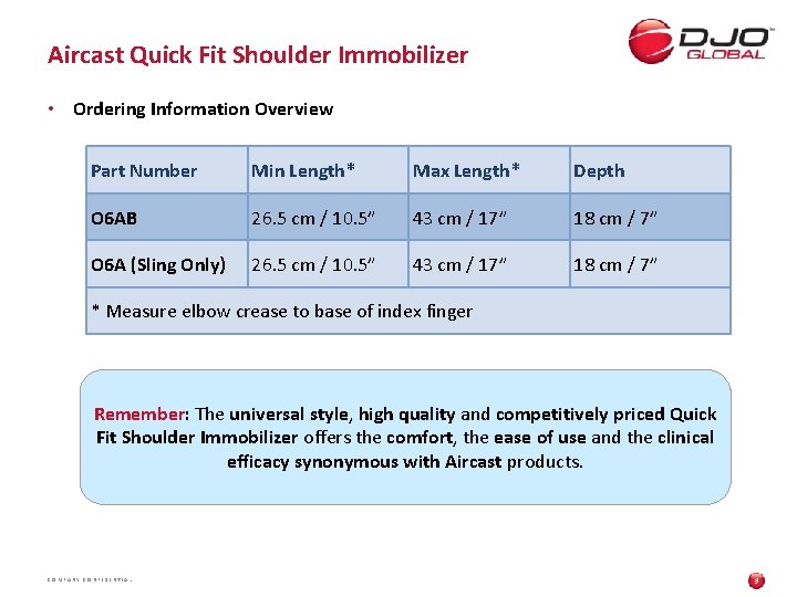 Aircast Quick Fit Shoulder Immobilizer • Ordering Information Overview Part Number Min Length* Max