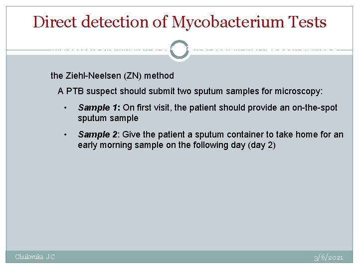 Direct detection of Mycobacterium Tests Microscopic examination of specimen of sputum that has been