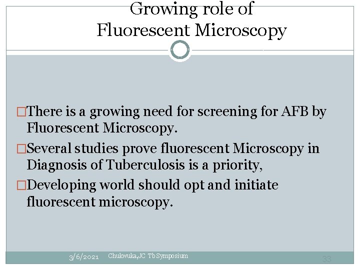 Growing role of Fluorescent Microscopy �There is a growing need for screening for AFB