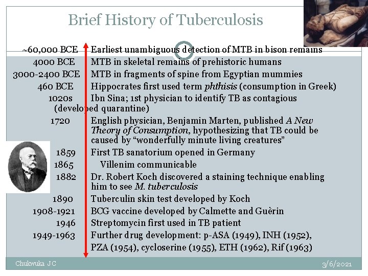 Brief History of Tuberculosis ~60, 000 BCE Earliest unambiguous detection of MTB in bison