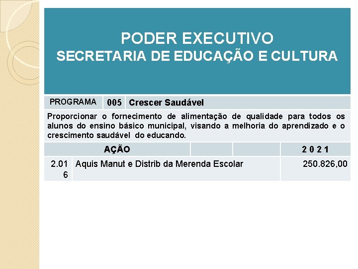 PODER EXECUTIVO SECRETARIA DE EDUCAÇÃO E CULTURA PROGRAMA 005 Crescer Saudável Proporcionar o fornecimento