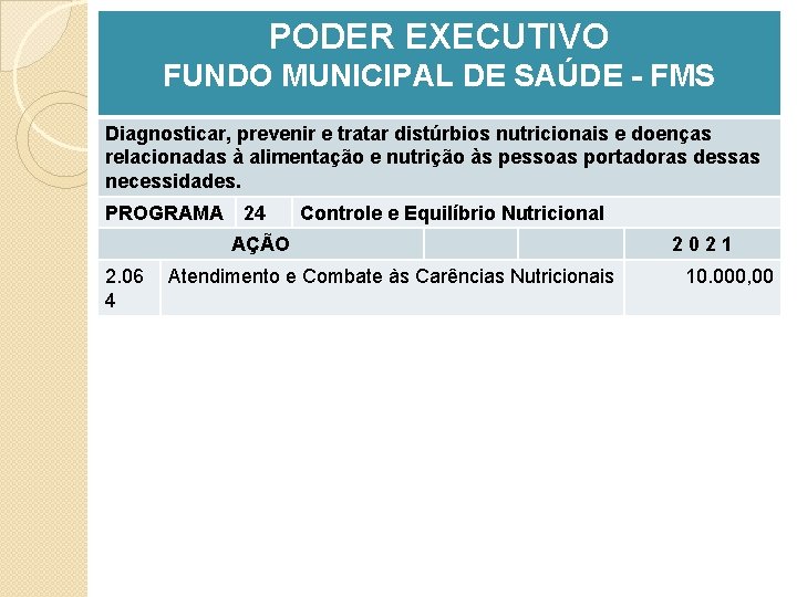 PODER EXECUTIVO FUNDO MUNICIPAL DE SAÚDE - FMS Diagnosticar, prevenir e tratar distúrbios nutricionais