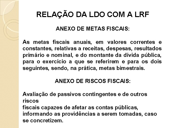 RELAÇÃO DA LDO COM A LRF ANEXO DE METAS FISCAIS: As metas fiscais anuais,