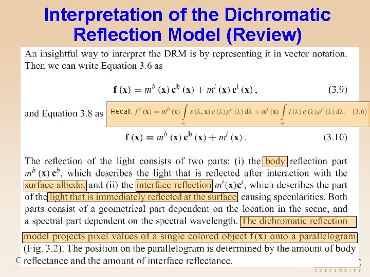 Interpretation of the Dichromatic Reflection Model (Review) Recall: Color in Computer Vision – 2019
