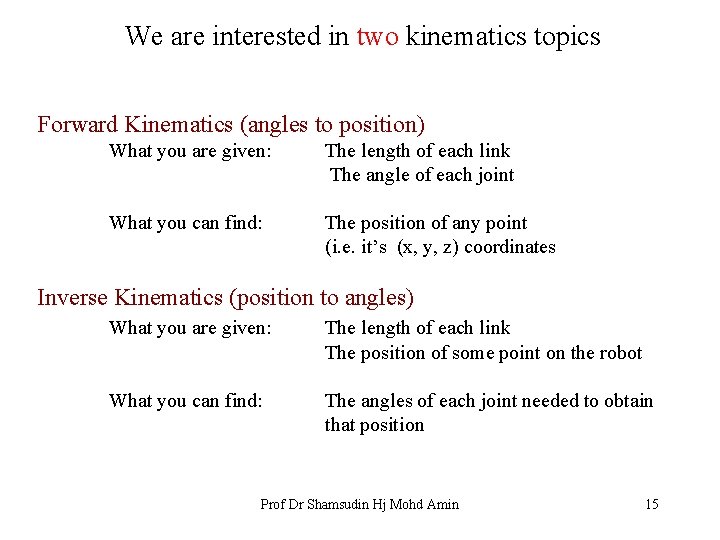 We are interested in two kinematics topics Forward Kinematics (angles to position) What you