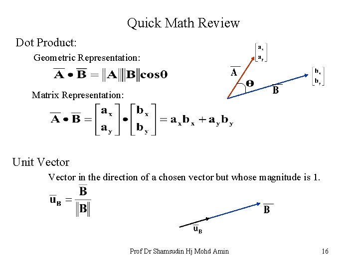 Quick Math Review Dot Product: Geometric Representation: Matrix Representation: Unit Vector in the direction