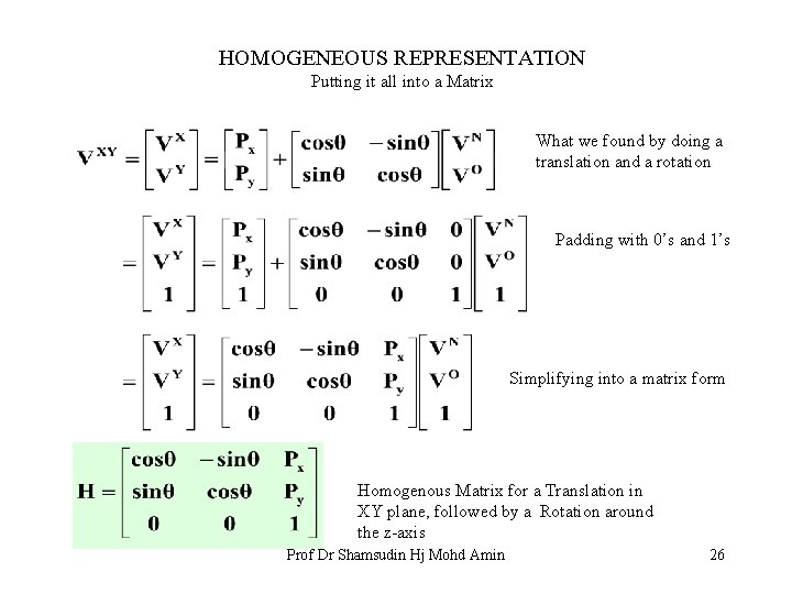 HOMOGENEOUS REPRESENTATION Putting it all into a Matrix What we found by doing a