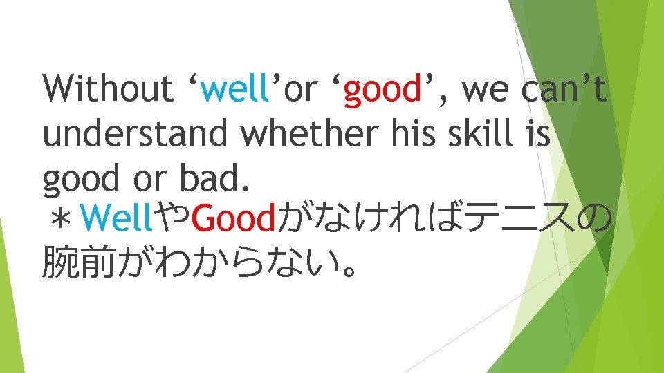 Without ‘well’or ‘good’, we can’t understand whether his skill is good or bad. ＊WellやGoodがなければテニスの
