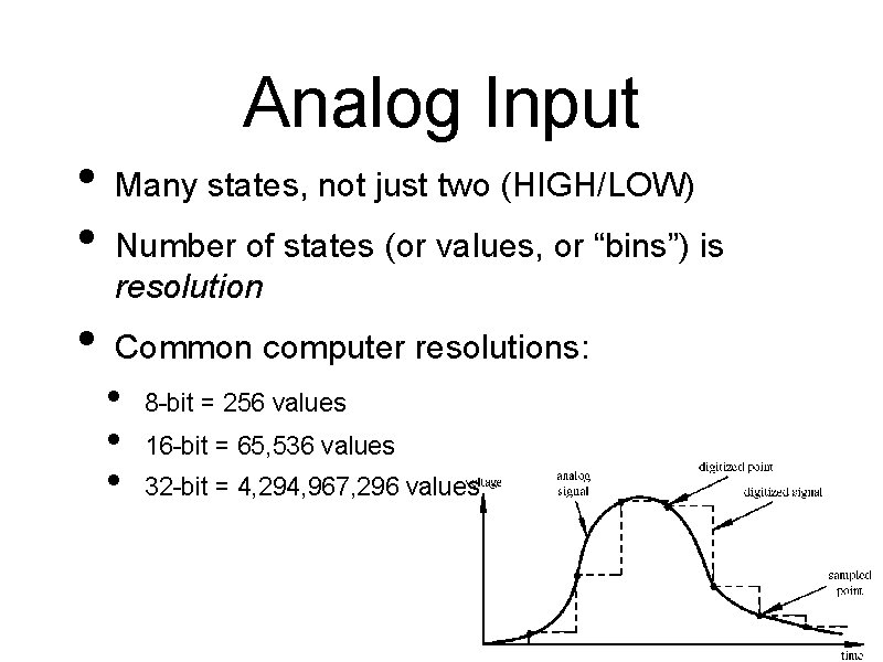 Analog Input • • • Many states, not just two (HIGH/LOW) Number of states