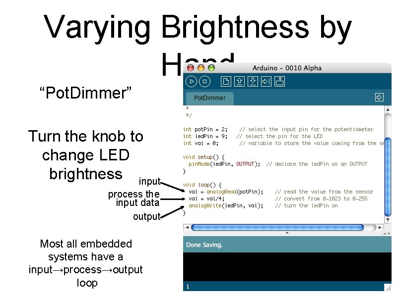 Varying Brightness by Hand “Pot. Dimmer” Turn the knob to change LED brightness input