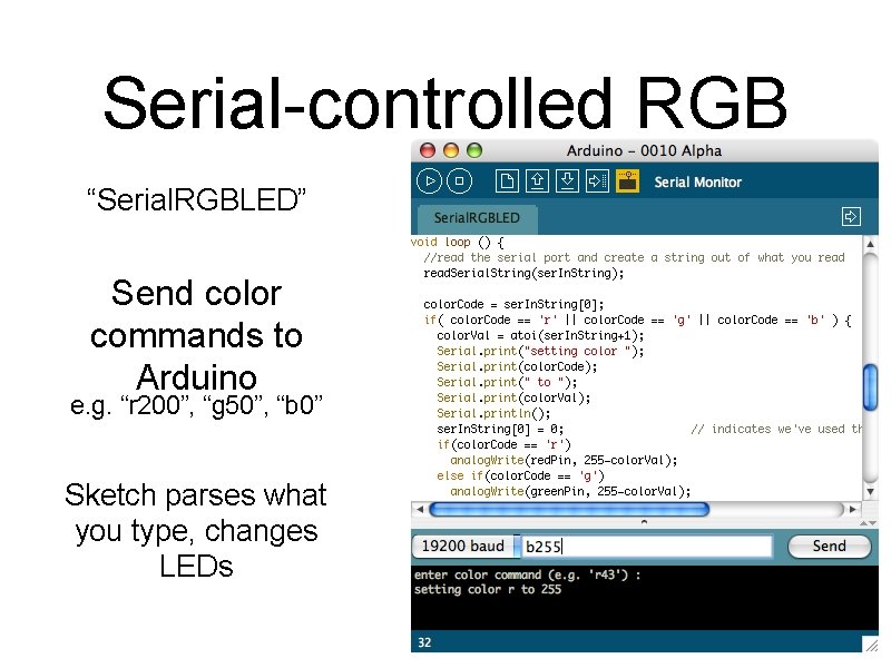 Serial-controlled RGB “Serial. RGBLED” Send color commands to Arduino e. g. “r 200”, “g