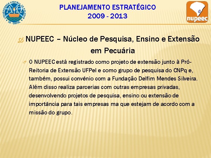 PLANEJAMENTO ESTRATÉGICO 2009 - 2013 NUPEEC – Núcleo de Pesquisa, Ensino e Extensão em