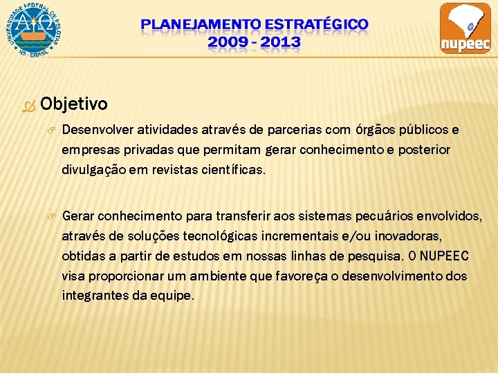  Objetivo Desenvolver atividades através de parcerias com órgãos públicos e empresas privadas que