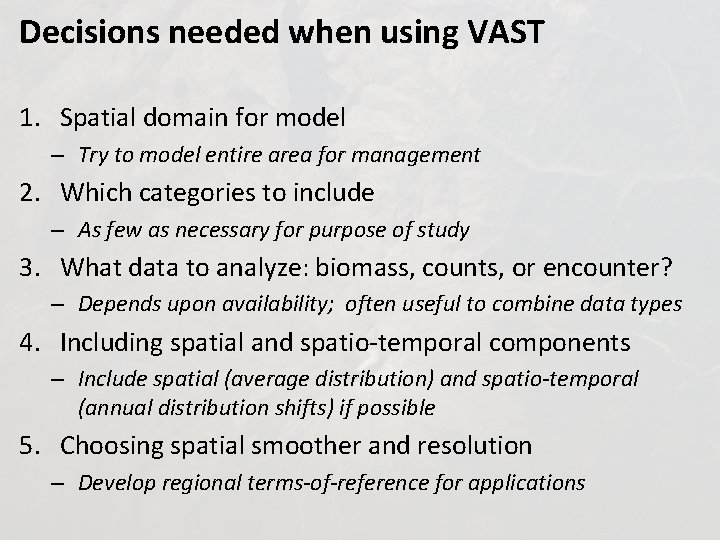 Decisions needed when using VAST 1. Spatial domain for model – Try to model