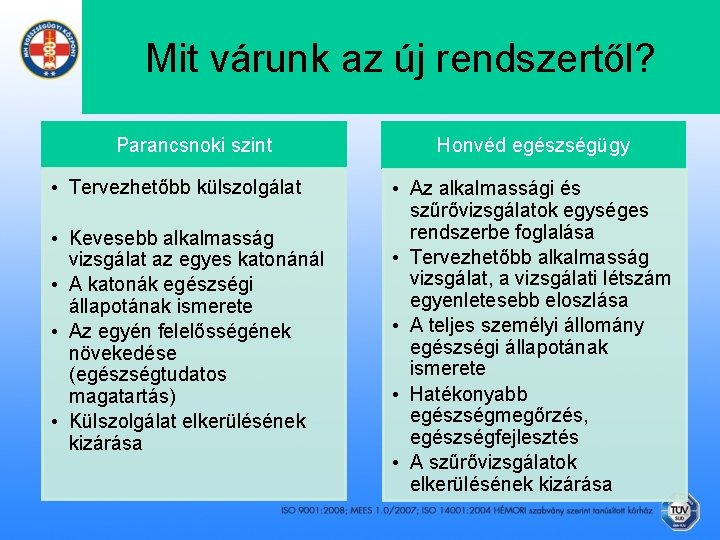 Mit várunk az új rendszertől? Parancsnoki szint • Tervezhetőbb külszolgálat • Kevesebb alkalmasság vizsgálat