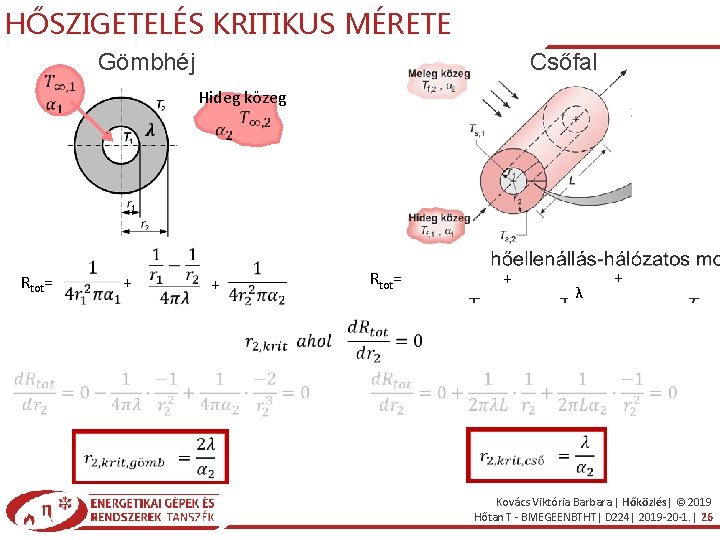 HŐSZIGETELÉS KRITIKUS MÉRETE Gömbhéj Rtot= Csőfal Hideg közeg + + Rtot= + λ +