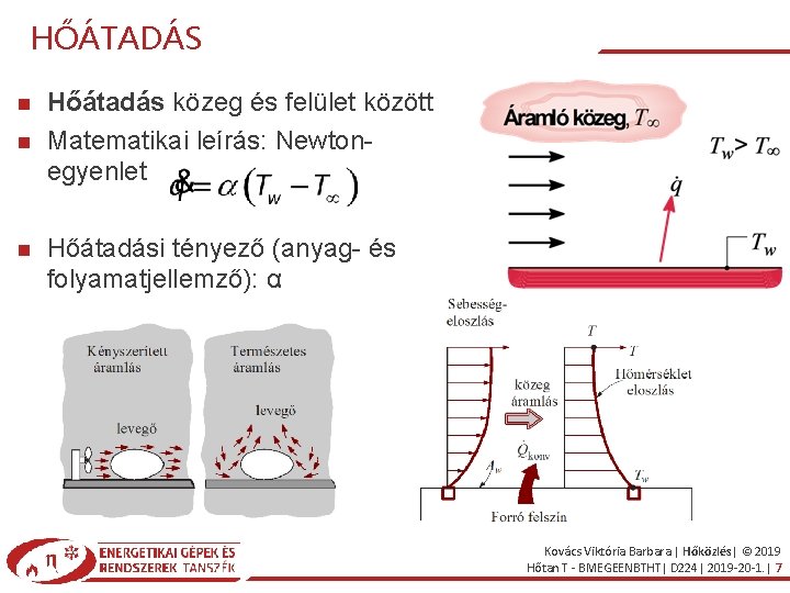 HŐÁTADÁS Hőátadás közeg és felület között Matematikai leírás: Newtonegyenlet Hőátadási tényező (anyag- és folyamatjellemző):