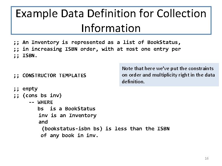 Example Data Definition for Collection Information ; ; An Inventory is represented as a