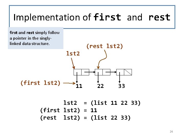 Implementation of first and rest simply follow a pointer in the singlylinked data structure.
