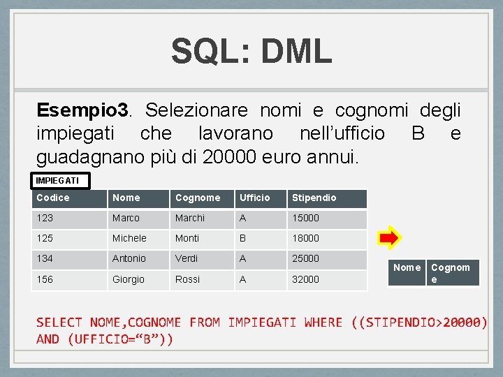 SQL: DML Esempio 3. Selezionare nomi e cognomi degli impiegati che lavorano nell’ufficio B SQL: DML Esempio 3. Selezionare nomi e cognomi degli impiegati che lavorano nell’ufficio B