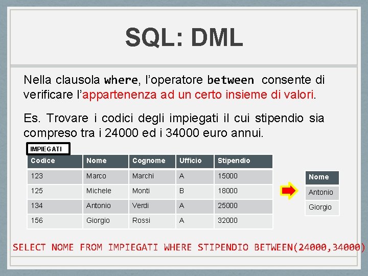 SQL: DML Nella clausola where, l’operatore between consente di verificare l’appartenenza ad un certo SQL: DML Nella clausola where, l’operatore between consente di verificare l’appartenenza ad un certo