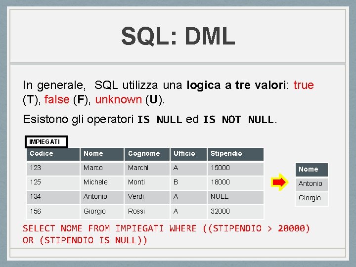 SQL: DML In generale, SQL utilizza una logica a tre valori: true (T), false SQL: DML In generale, SQL utilizza una logica a tre valori: true (T), false
