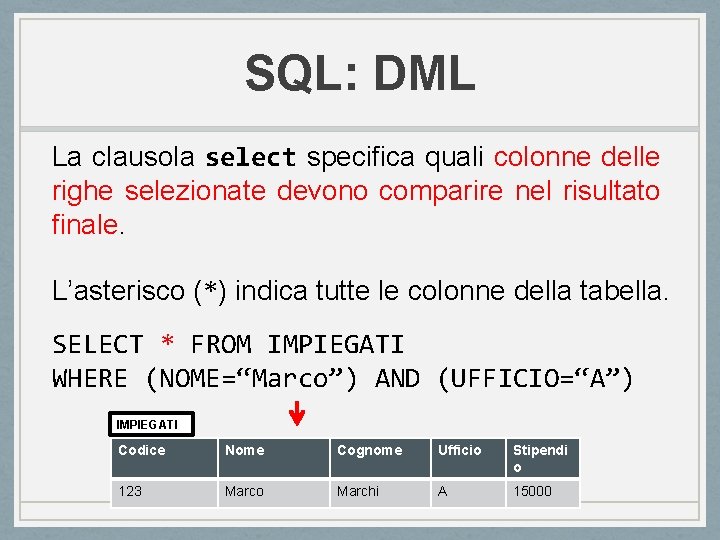 SQL: DML La clausola select specifica quali colonne delle righe selezionate devono comparire nel SQL: DML La clausola select specifica quali colonne delle righe selezionate devono comparire nel