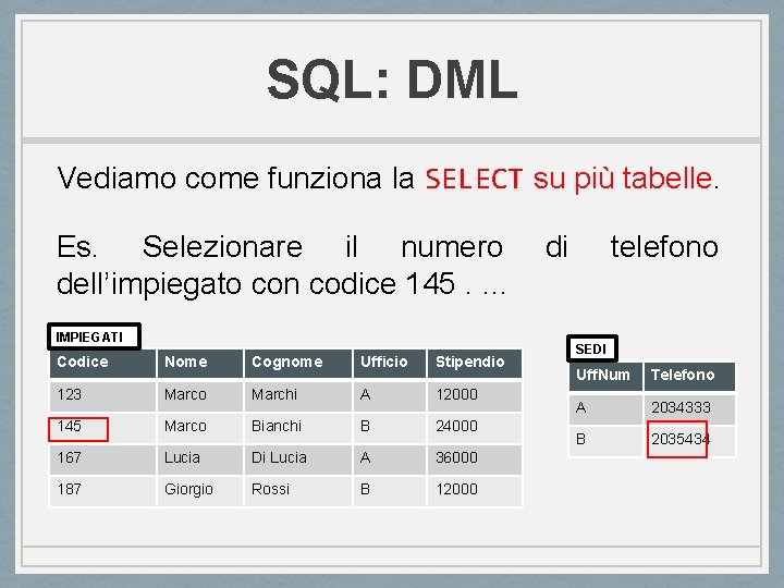 SQL: DML Vediamo come funziona la SELECT su più tabelle. Es. Selezionare il numero SQL: DML Vediamo come funziona la SELECT su più tabelle. Es. Selezionare il numero