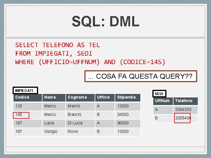 SQL: DML SELECT TELEFONO AS TEL FROM IMPIEGATI, SEDI WHERE (UFFICIO=UFFNUM) AND (CODICE=145) … SQL: DML SELECT TELEFONO AS TEL FROM IMPIEGATI, SEDI WHERE (UFFICIO=UFFNUM) AND (CODICE=145) …