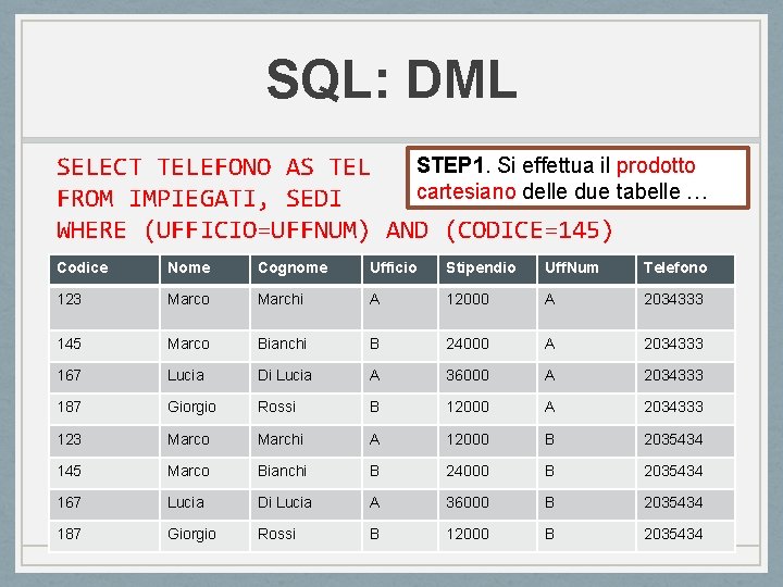 SQL: DML STEP 1. Si effettua il prodotto SELECT TELEFONO AS TEL cartesiano delle SQL: DML STEP 1. Si effettua il prodotto SELECT TELEFONO AS TEL cartesiano delle
