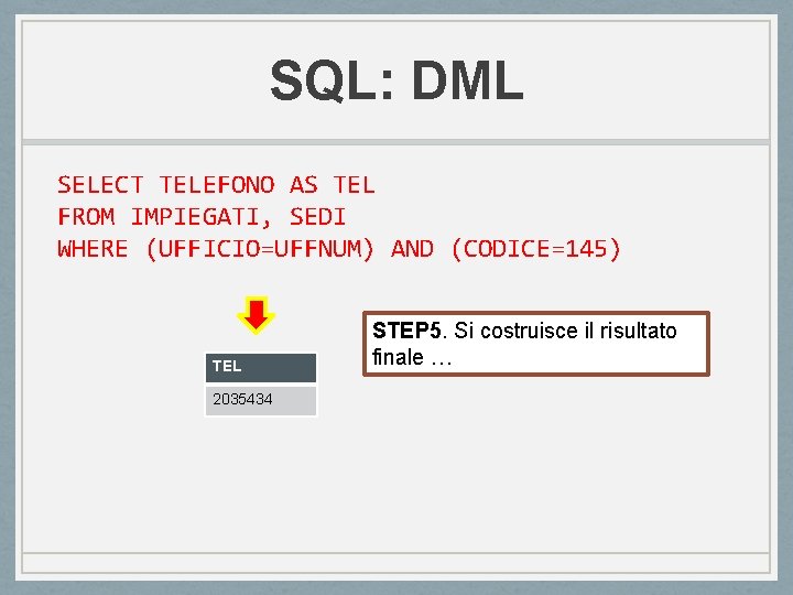 SQL: DML SELECT TELEFONO AS TEL FROM IMPIEGATI, SEDI WHERE (UFFICIO=UFFNUM) AND (CODICE=145) TEL SQL: DML SELECT TELEFONO AS TEL FROM IMPIEGATI, SEDI WHERE (UFFICIO=UFFNUM) AND (CODICE=145) TEL