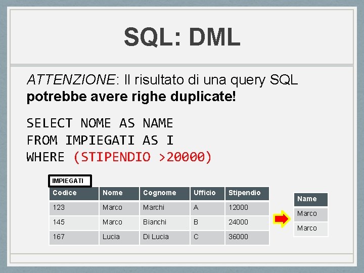 SQL: DML ATTENZIONE: Il risultato di una query SQL potrebbe avere righe duplicate! SELECT SQL: DML ATTENZIONE: Il risultato di una query SQL potrebbe avere righe duplicate! SELECT