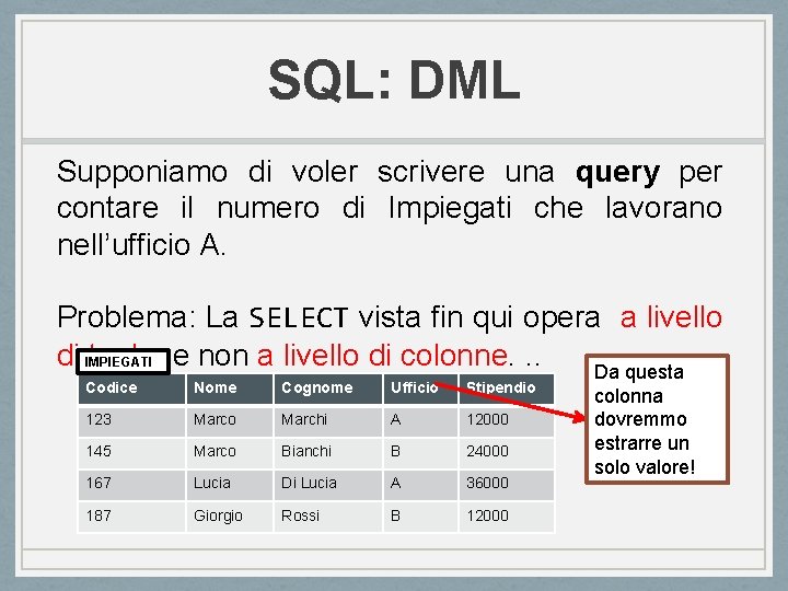 SQL: DML Supponiamo di voler scrivere una query per contare il numero di Impiegati SQL: DML Supponiamo di voler scrivere una query per contare il numero di Impiegati