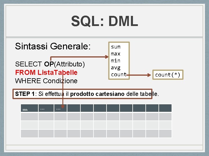 SQL: DML Sintassi Generale: SELECT OP(Attributo) FROM Lista. Tabelle WHERE Condizione sum max min SQL: DML Sintassi Generale: SELECT OP(Attributo) FROM Lista. Tabelle WHERE Condizione sum max min
