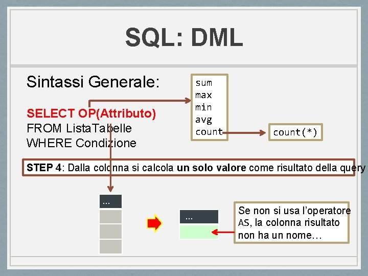 SQL: DML Sintassi Generale: sum max min avg count SELECT OP(Attributo) FROM Lista. Tabelle SQL: DML Sintassi Generale: sum max min avg count SELECT OP(Attributo) FROM Lista. Tabelle