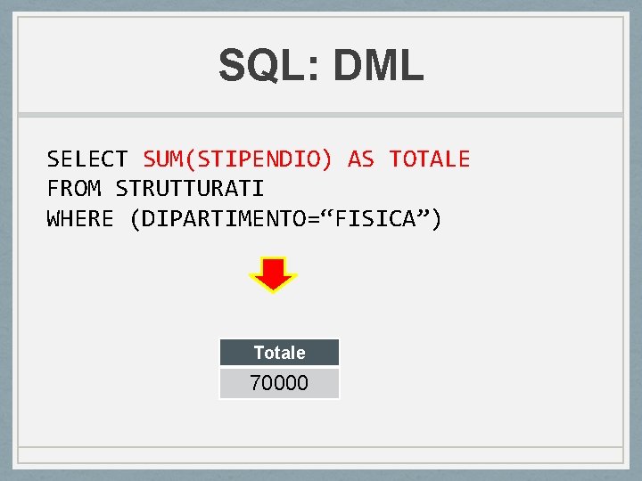 SQL: DML SELECT SUM(STIPENDIO) AS TOTALE FROM STRUTTURATI WHERE (DIPARTIMENTO=“FISICA”) Totale 70000 SQL: DML SELECT SUM(STIPENDIO) AS TOTALE FROM STRUTTURATI WHERE (DIPARTIMENTO=“FISICA”) Totale 70000