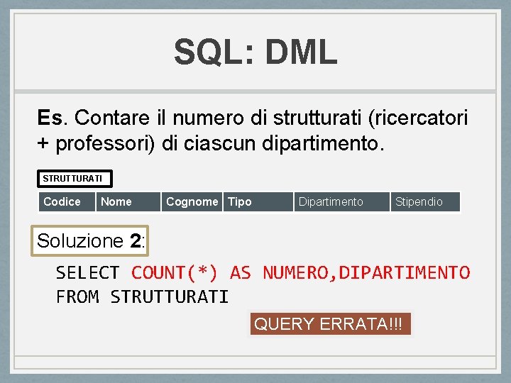 SQL: DML Es. Contare il numero di strutturati (ricercatori + professori) di ciascun dipartimento. SQL: DML Es. Contare il numero di strutturati (ricercatori + professori) di ciascun dipartimento.