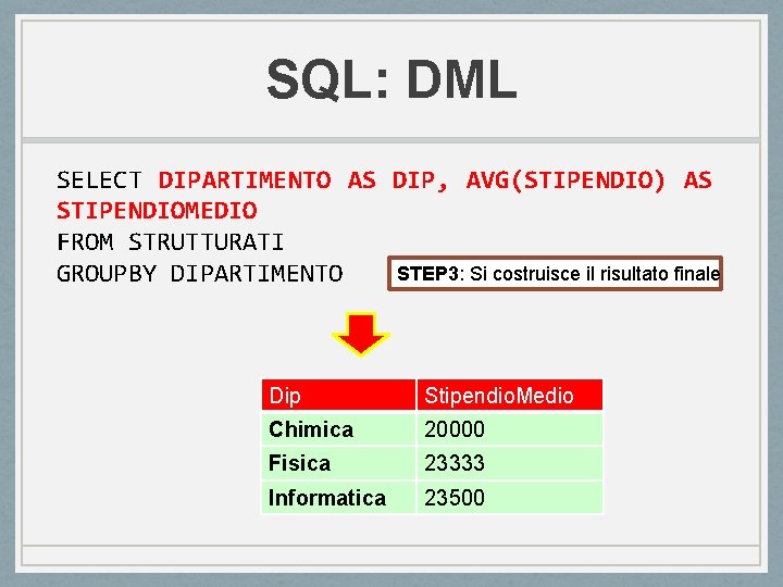 SQL: DML SELECT DIPARTIMENTO AS DIP, AVG(STIPENDIO) AS STIPENDIOMEDIO FROM STRUTTURATI STEP 3: Si SQL: DML SELECT DIPARTIMENTO AS DIP, AVG(STIPENDIO) AS STIPENDIOMEDIO FROM STRUTTURATI STEP 3: Si