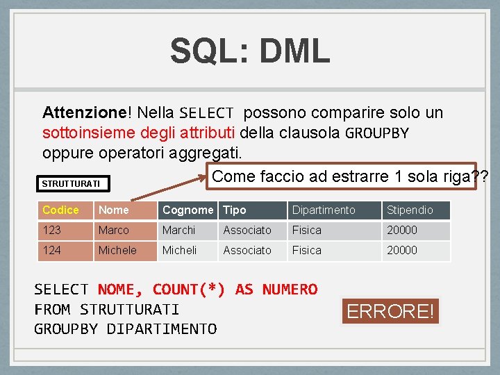 SQL: DML Attenzione! Nella SELECT possono comparire solo un sottoinsieme degli attributi della clausola SQL: DML Attenzione! Nella SELECT possono comparire solo un sottoinsieme degli attributi della clausola